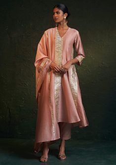 Charkhee-Rose Pink Chanderi Kurta Set-INDIASPOPUP.COM Pink Anarkali, Gota Work, Frock Dress, November Wedding, Anarkali Gown, Work Online, Satin Color, Casual Wedding, Kurta Set