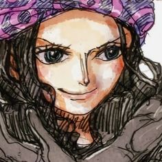 a drawing of a woman wearing a purple hat