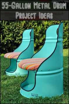 two blue plastic chairs sitting in the grass