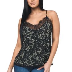 Nwt Reset By Jane Satin Samantha Black Lace Floral Print Cami Tank Top. Lightweight And Silky With A Black Lace Trim And Green Floral All Over Print. Adjustable Spaghetti Straps, Racerback Style. Women’s Size Large Measurements Chest 14” Waist 15.5” Length 25” Measurements Are Approximate And Taken While Laid Flat! L51 Chic Black Floral Print Tank Top, Spring Black Lace Camisole, Chic Black Lace Camisole Top, Black Lace Top With Spaghetti Straps For Summer, Black Lace Top With Spaghetti Straps For Spring, Black Lace V-neck Camisole, Black Lace Camisole Top For Spring, Black Lace Trim Camisole Top, Elegant Floral Print Cami Tops