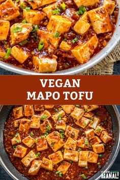 vegan mapo tofu in a skillet with text overlay