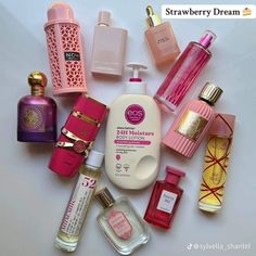 Lotion Combos, Ways To Smell Good, Strawberry Lotion, Mini Perfume Collection, Eos Lotion, Women Hygiene, Perfume Wishlist, Scent Combos, Fragrance Lab