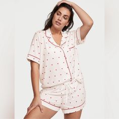 Victoria's Secret Mini Hearts Modal Short Pajamas Xxl Nwt New With Tags 90 Modal 10 Elastane Mini Hearts Decorative Piping Button Down Buttery Soft Modal Stretchy Bride Wedding Honeymoon Intimates Valentine’s Day Christmas Bridesmaids Bachelorette Trip Smoke Free Home *** Stock Photos Used To Show Fit Only **** Dirndl Outfit, Bandeau Tops, Mini Robes, Loose Shirts, Sleepwear & Loungewear, Print Pajamas, Pajama Set Women, Designer Shorts, Short Pajama Set