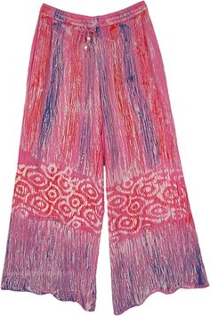 A comfortable pair of flowy wide-leg bohemian pants with boho style print.  The prints are inspired by a waterfall in the woods and tribal patterns near the bottom create a charming look. #tlb #SplitSkirtsPants #vacationclothing #Printed #bohemianfashion #XLPlus #WideLegPants #BeachPants #CasualPants #HippiePants Pink Bohemian Pants With Relaxed Fit, Printed Bohemian Harem Pants For Spring, Bohemian Wide Leg Pants With Boho Print For Spring, Bohemian Boho Print Wide Leg Pants For Spring, Bohemian Multicolor Wide Leg Pants For Spring, Summer Boho Print Wide Leg Pants, Flowy Casual Bottoms With Boho Print, Hippie Style Wide Leg Pink Bottoms, Flowy Pink Bottoms For Vacation