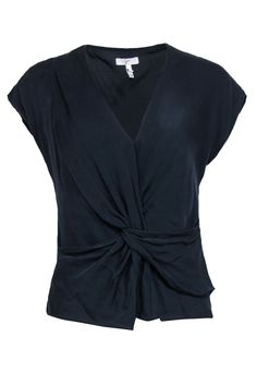 Current Boutique-Joie - Navy Silk Twisted Waist Short Sleeve Blouse Sz XS Summer V-neck Twist Front Tops, Silk V-neck Top For Night Out, Silk V-neck Top, Versatile Silk V-neck Top, Chic Rayon V-neck Tops, Sleeveless Rayon Top For Work, Spring Drapey Top For Night Out, Chic Short Sleeve Summer Top For Work, Fitted Twist Front Top For Night Out