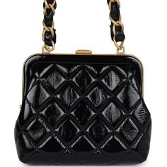 This Chanel Mini Clutch with bow crossbody bag is in black shiny lambskin leather and pink patent crumpled lambskin leather with antique gold hardware, featuring signature quilt with a large pink lambskin bow on the front of the clutch with the signature CC logo in antique gold hardware, has a black and antique gold frame around top of clutch, a fastener clasp closure, and a single interwoven black leather and antique gold chainlink shoulder/crossbody strap.The interior is lined in black grossgr Black Purse With Gold Chain, Black Channel Handbag, Antique Gold Frame, Luxury Black Bags With Gold-tone Hardware, Black And Gold Chanel Bag, Chanel Clutch With Chain, Chanel Box, Signature Quilts, Crossbody Bag Black