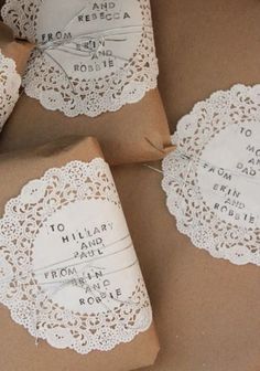 doily tags on brown paper with the words, how to make doily tags