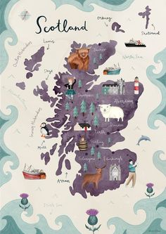 an illustrated map of scotland with animals and places to go on it's side