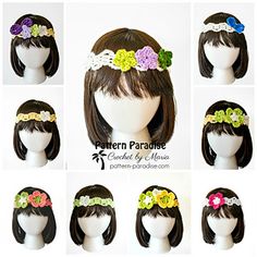 six different styles of flower headbands on top of a mannequin's head