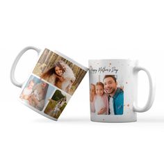 two white coffee mugs with photos on them, one is for father's day and the other is for his daughter's birthday