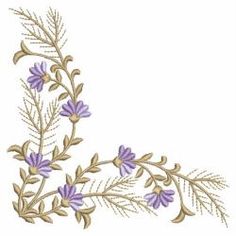 an embroidered design with purple flowers and green leaves