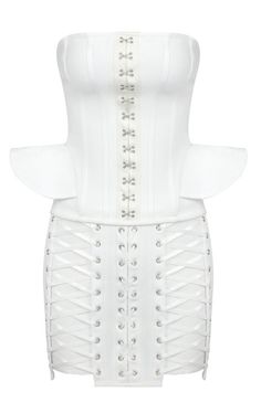 Strapless Corset Lace Up Peplum Dress White DESIGN: Color: White Strapless design Sleeveless Lace up detail Peplum detail Corset design Exposed zipper at back Body sculpting design Stretch Type: Stretchy Gentle Dry Clean Only Length: Mini. Above knee MATERIAL: 90% Rayon + 9% Nylon + 1% Spandex Top quality Rayon: anti-wrinkle, brighter colours. High quality durable bandage fabric. High elasticity for a better fit. Delicate sewing and hemming by durable needle lockstitch machine. YKK zipper (known White Sleeveless Bandage Mini Dress, Strapless Fitted Corset Dress With Bandage Detail, Fitted Strapless Bandage Corset Dress, Elegant Bodycon Sleeveless Corset, Elegant Sleeveless Bodycon Corset, Chic Sleeveless Bandage Corset, Fitted Sleeveless Bodycon Dress With Boned Bodice, Elegant Spring Bandage Corset, Elegant Strapless Bandage Corset