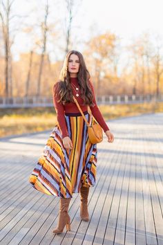 Autumn 2018 Lookbook | 70’s Inspired Stripes, Rust Orange Mockneck Top and Brown Suede OTK Boots | Autumn 2018 Trends | JustineCelina.com Otk Boots, Rust Orange, Mock Neck Top, Street Styles, Brown Suede, Mock Neck, Beauty Hacks