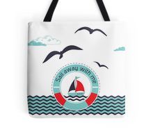 a tote bag with a sailboat and seagulls on it