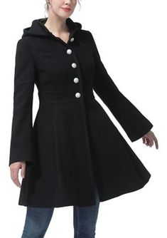 Simple clean lines and a traditional cut make this piece a lasting investment. Featuring a detachable hood, a removable faux fur collar, two exterior pockets, and a statement bow button closure front. Thus allowing this coat to be worn over any casual, work, or evening outfit. | Kimi & Kai Women's Karlee Wool Coat, Black, Medium Classic Fitted Outerwear With Detachable Hood, Classic Fitted Hooded Outerwear, Elegant Outerwear With Detachable Hood For Work, Elegant Fitted Outerwear With Detachable Hood, Wool Coat Black, Evening Outfit, Evening Outfits, Coat Black, Casual Work