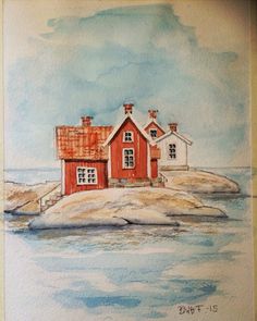 a watercolor painting of a house on an island in the middle of the ocean