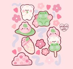 some stickers that are on top of a pink surface with hearts and flowers in the background