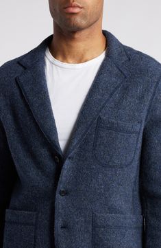 A softly felted texture underscores the casual appeal of a sport coat that's made with a touch of stretch and styled to elevate any cool-weather look. 29 1/2" length (size Large) Three-button closure Notched lapels Chest patch pocket; front patch pockets Back vent Unlined 98% cotton, 2% spandex Machine wash, tumble dry Imported Blue Unstructured Outerwear For Fall, Fitted Casual Tweed Jacket With Pockets, Fitted Casual Tweed Jacket, Casual Tailored Winter Tweed Jacket, Winter Unstructured Blazer With Patch Pockets, Spring Wool Sport Coat With Welt Pockets, Modern Winter Sport Coat With Notch Lapel, Unstructured Winter Blazer With Patch Pockets, Casual Wool Tweed Jacket With Button Closure