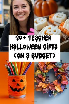 a collage of halloween gifts that include pumpkins, candy bars and candles with the words teacher halloween gifts on a budget