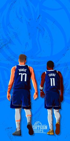 two basketball players in blue uniforms standing next to each other on a blue and white background