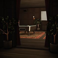 a room with a pool table and potted trees