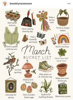 a bunch of different items that are on a white sheet with the words march bucket list