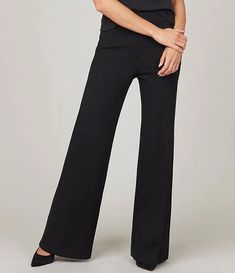 Spanx The Perfect Wide Leg Pants | Dillard's Pull-on 4-way Stretch Dress Pants For Work, Solid Straight Pants With 4-way Stretch, Flattering Black Elastane Bottoms, Elegant Office Pants With Pull-on Style, Versatile Tailored Full-length Dress Pants, Elastane Dress Pants For Office, Elastane Pull-on Pants, Pull-on Elastane Pants, Chic Full-length Comfort Stretch Pants