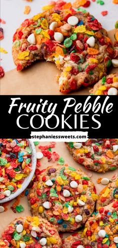 cookies with m & m's on top and the words party pebble cookies above them