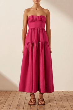 Joanine Linen Strapless Ruched Midi Dress | Azalea Pink | Dresses | Shona Joy – Shona Joy International Formal Dress Midi, Shona Joy, Pink Dresses, Strapless Midi Dress, Ruched Midi Dress, Lace Bodycon, Lace Bodycon Dress, Midi Length Skirts, Yes To The Dress