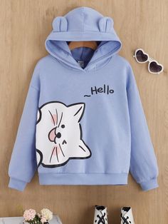 Baby Blue Cute Collar Long Sleeve Knitted Fabric Cartoon,Letter Pullovers Embellished Slight Stretch  Girls Clothing Girls Sweatshirts, Shein Kids, Drop Shoulder Hoodie, Trendy Shirt Designs, Ear Design, Cartoon Letters, Lined Hoodie, Cat Sweatshirt, Cute Sweatshirts