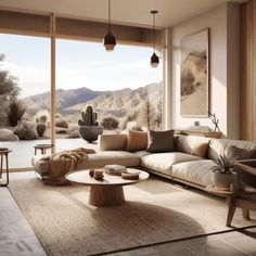 a living room filled with furniture next to a large glass window covered in desert plants