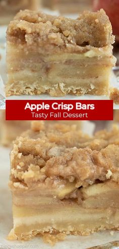 apple crisp bars are stacked on top of each other with text overlay that says, easy and tasty fall dessert