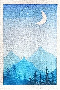 watercolor painting of mountains and trees with the moon in the sky