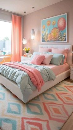 a bedroom decorated in pastel colors with pink and blue accents