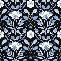 a blue and white flower pattern on a black background, with small flowers in the center