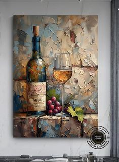 a painting of two wine glasses and a bottle next to each other on a wall