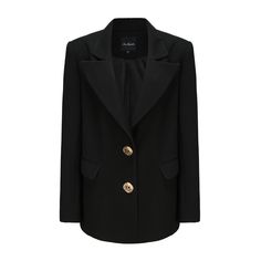 Add an oversized jacket to your lineup with the Brittany Suit Jacket. This loose-fitting jacket offers a gender-neutral fit with wide shoulders and a classic silhouette. The low v-neckline and gold decorative buckles give it a feminine flair that can't be imitated. Luxury Workwear Blazer With Gold Buttons, Chic Formal Blazer With Gold Buttons, Elegant Business Blazer Dress With Gold Buttons, Luxury Evening Blazer With Gold Buttons, Luxury Outerwear With Notch Lapel And Gold Buttons, Luxury Outerwear With Gold Buttons And Notch Lapel, Luxury Office Blazer With Gold Buttons, Luxury Office Outerwear With Gold Buttons, Elegant Workwear Blazer With Gold Buttons