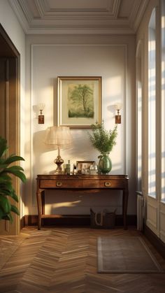 a room with a table, lamp and painting on the wall next to a potted plant