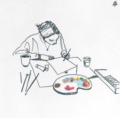 a drawing of a woman sitting at a table with a palette and paintbrush in front of her