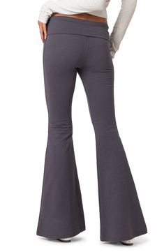 Fall for the silhouette of these stretchy leggings topped with a folded waistline and punctuated with flared hems. Elastic waist 95% cotton, 5% spandex Machine wash, line dry Imported Fitted Cotton Bottoms With Flared Hem, Gray Elastane Yoga Bottoms, Gray Elastane Yoga Pants, Fitted Wide Leg Gray Yoga Pants, Gray Stretch Elastane Bottoms, Fitted Wide-leg Gray Yoga Pants, Fitted Gray Wide Leg Yoga Pants, Gray Fitted Wide Leg Yoga Pants, Cotton Flare Yoga Pants With Stretch