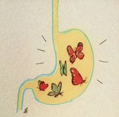 a drawing of a stomach with butterflies on it's side and an arrow in the middle