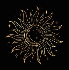 the sun and moon with stars on a black background