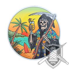 a sticker with a skeleton holding a knife and a drink in it's hand