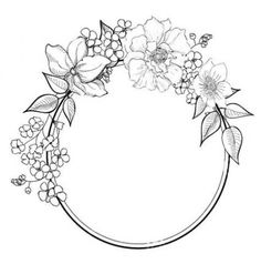 a circular frame with flowers and leaves on it, in the center is an outline drawing