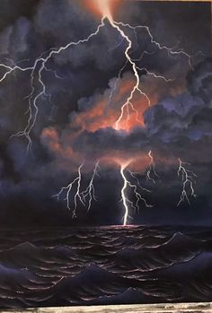 a painting of lightning striking over the ocean