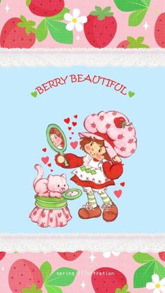 a card with strawberrys and a girl holding a mirror