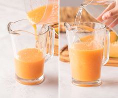 someone pouring orange juice into a glass in preparation to make a smoothie or smoothie