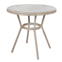 a round table with metal legs and a glass top on an isolated white background, viewed from the front