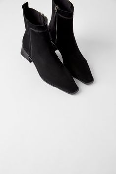 I love these booties.  They're leather so they will be soft and comfortable with one a small but stable heel.  This will IMMEDIATELY transform any outfit into something more sophisticated, with a little edge and power.  These feel so you!    SPLIT LEATHER HEELED ANKLE BOOTS | ZARA United States Mid Heel Ankle Boots, Mom Wardrobe, Crazy Shoes, Shoes Booties, Mid Heel, Zara United States, Heeled Ankle Boots, Leather Heels