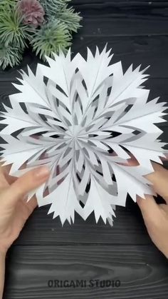 two hands are holding an origami snowflake